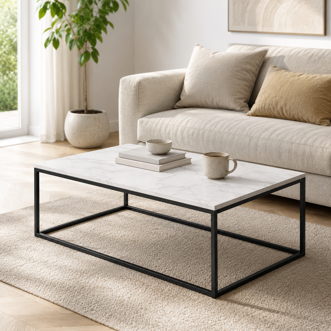 Couchtisch Marmoroptik 110 cm mit schlankem Gestell-SelviaWood