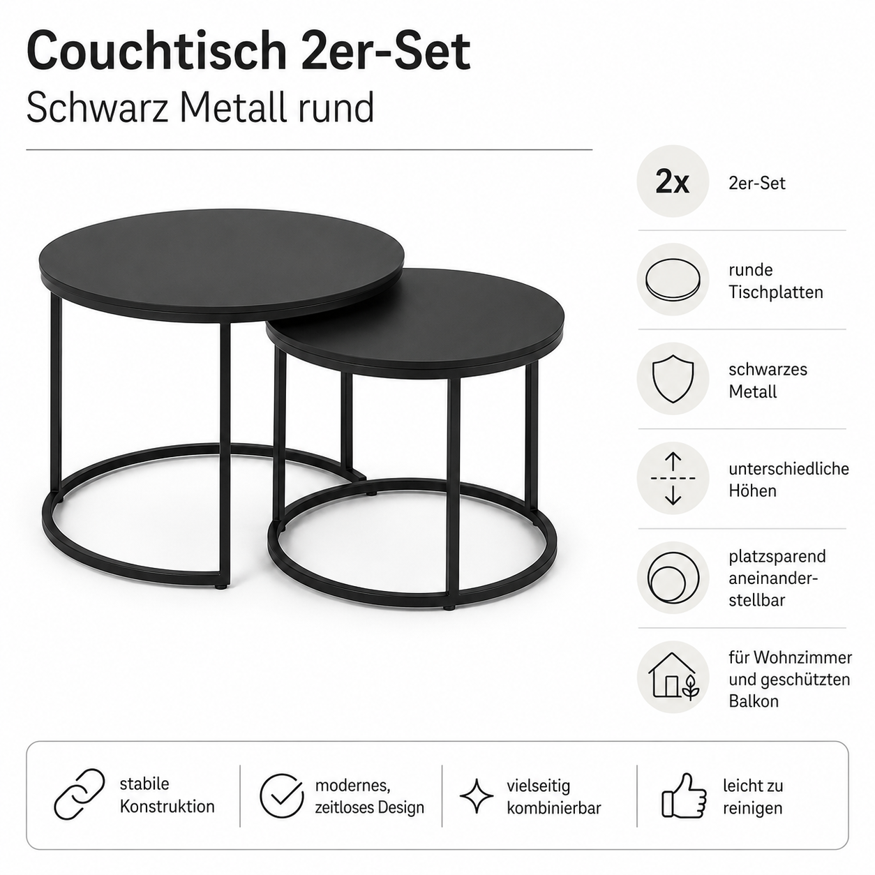Couchtisch 2er-Set Schwarz Metall rund-SelviaWood