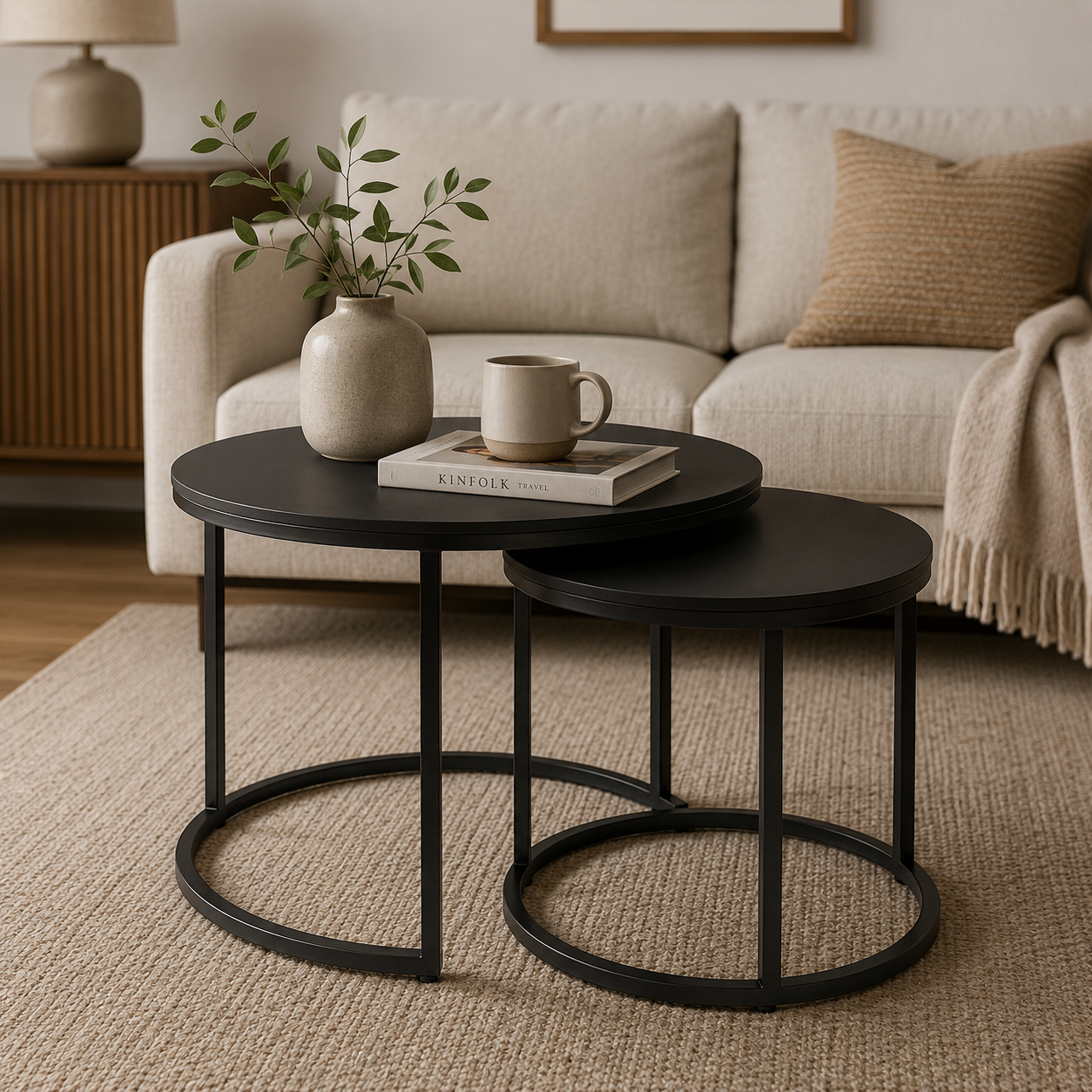 Couchtisch 2er-Set Schwarz Metall rund-SelviaWood