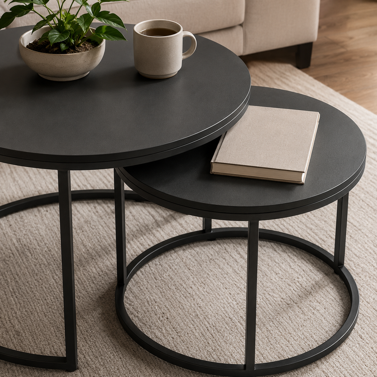 Couchtisch 2er-Set Schwarz Metall rund-SelviaWood