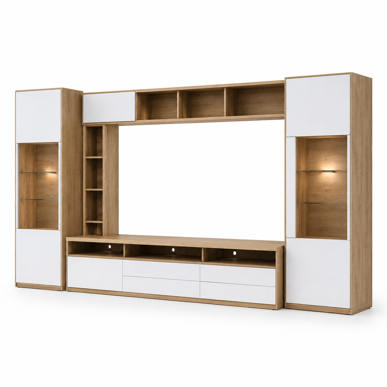 Wohnwand Eiche Optik Weiß 280 cm mit Stauraum