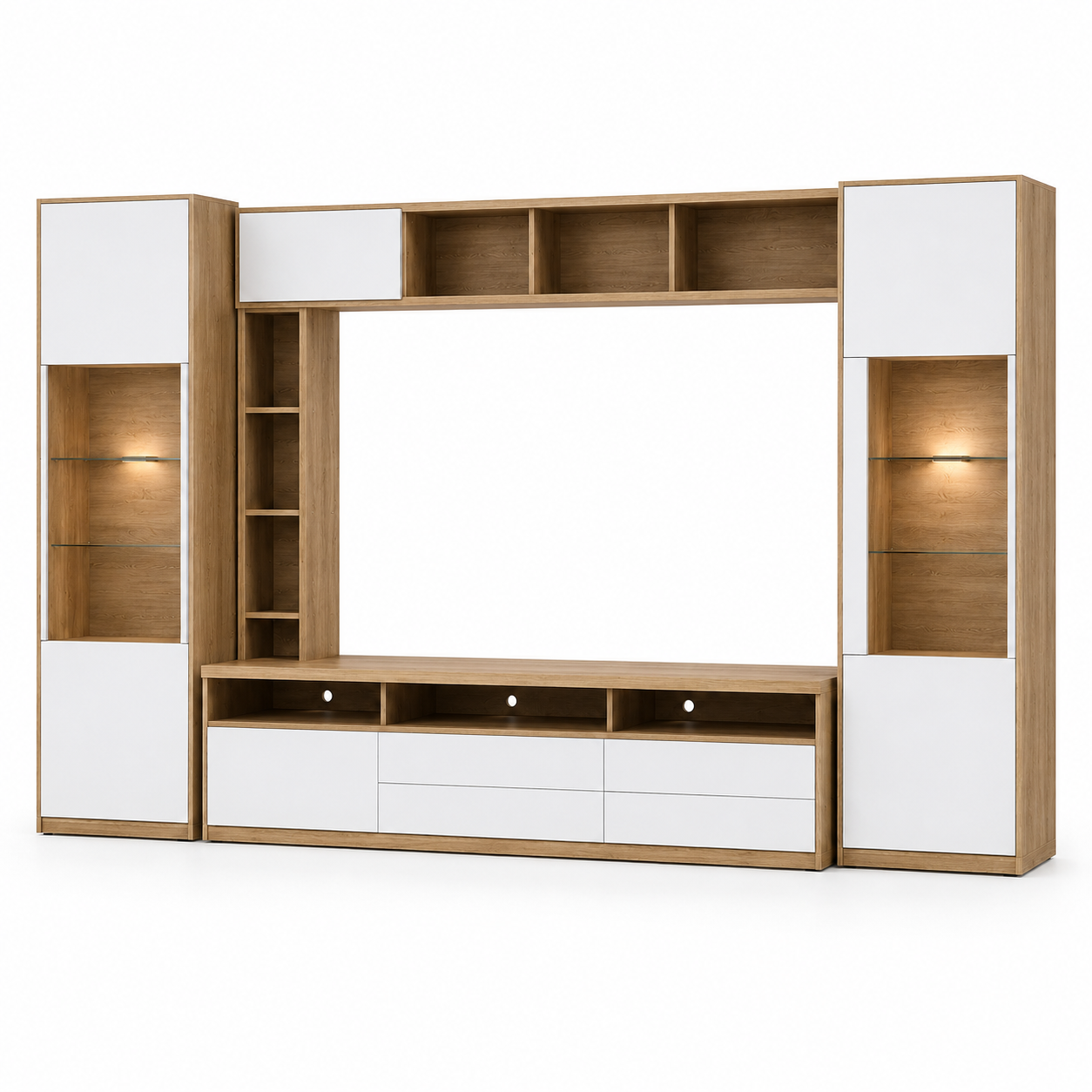 Wohnwand Eiche Optik Weiß 280 cm mit Stauraum