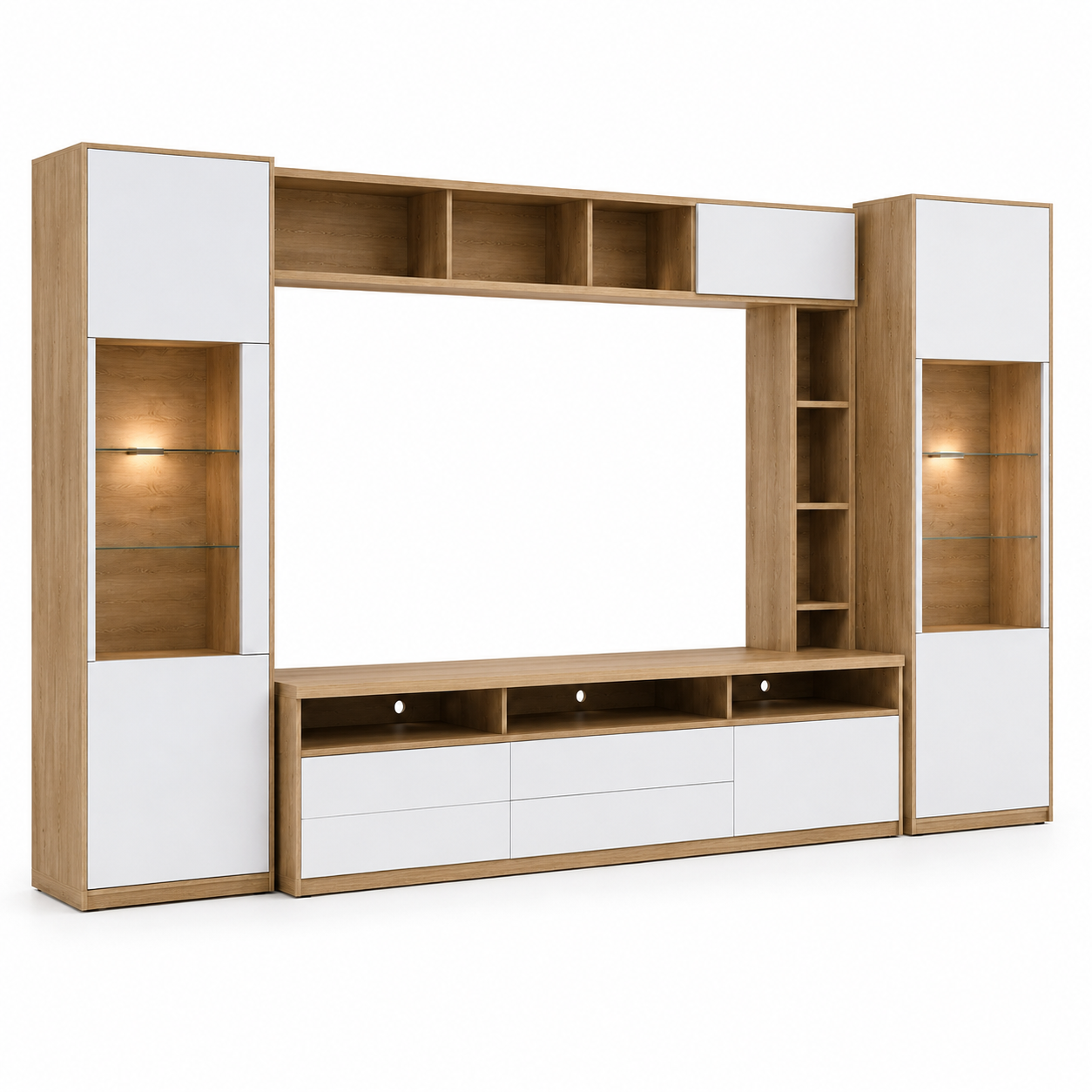 Wohnwand Eiche Optik Weiß 280 cm mit Stauraum-SelviaWood