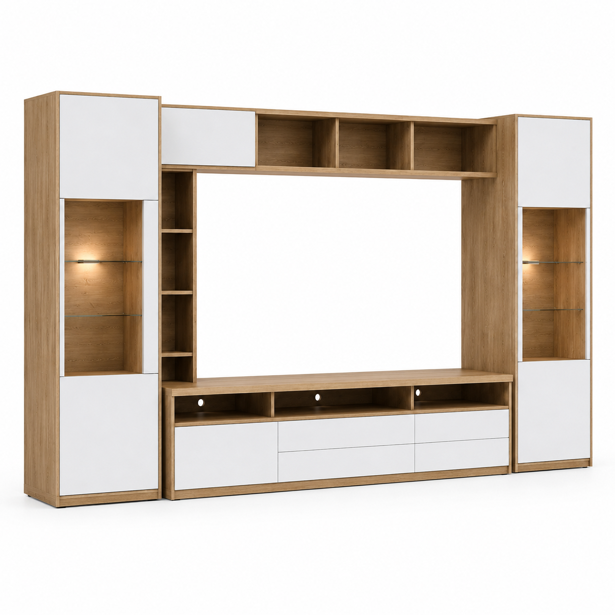 Wohnwand Eiche Optik Weiß 280 cm mit Stauraum-SelviaWood