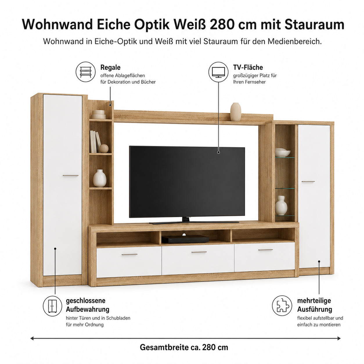 Wohnwand Eiche Optik Weiß 280 cm mit Stauraum-SelviaWood