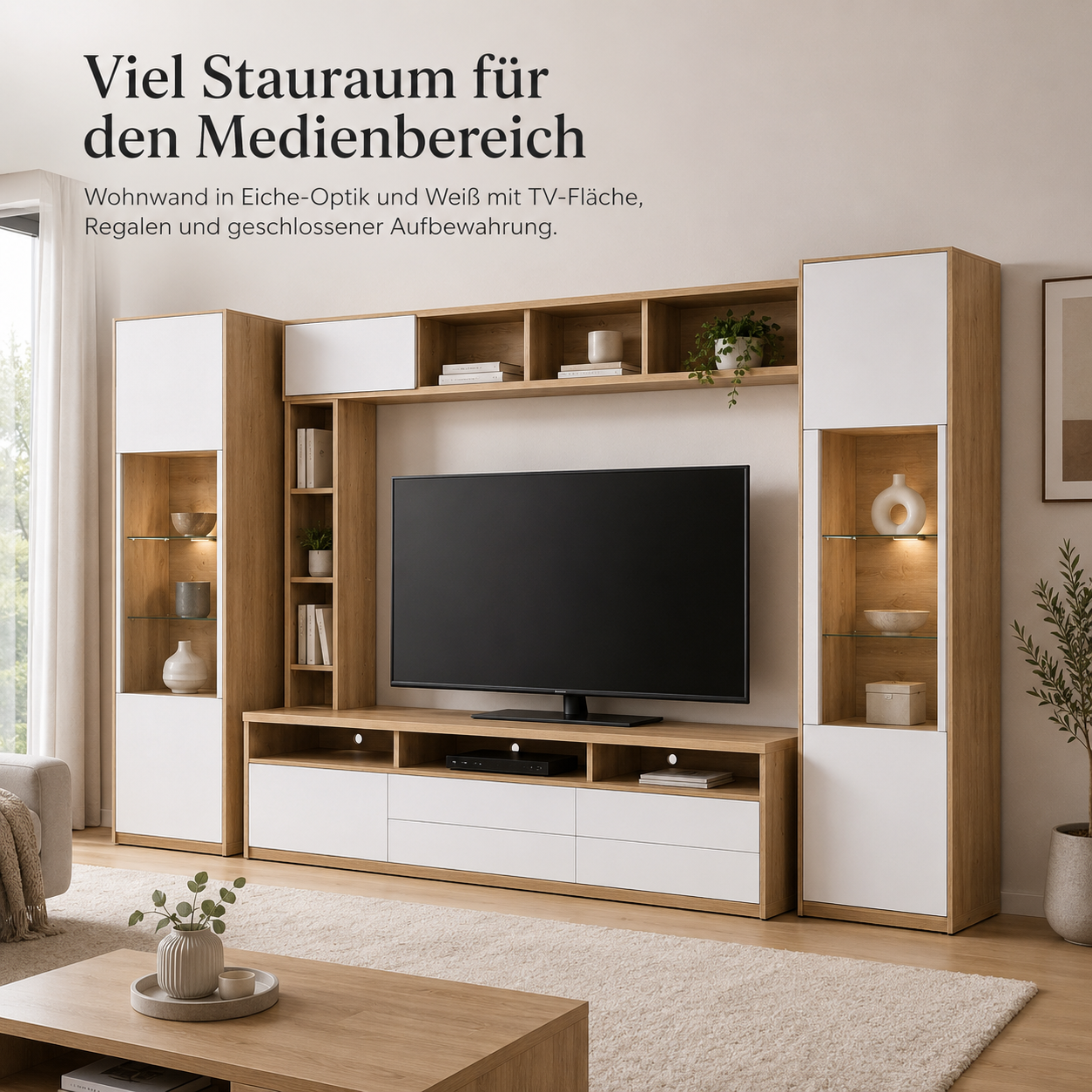 Wohnwand Eiche Optik Weiß 280 cm mit Stauraum-SelviaWood