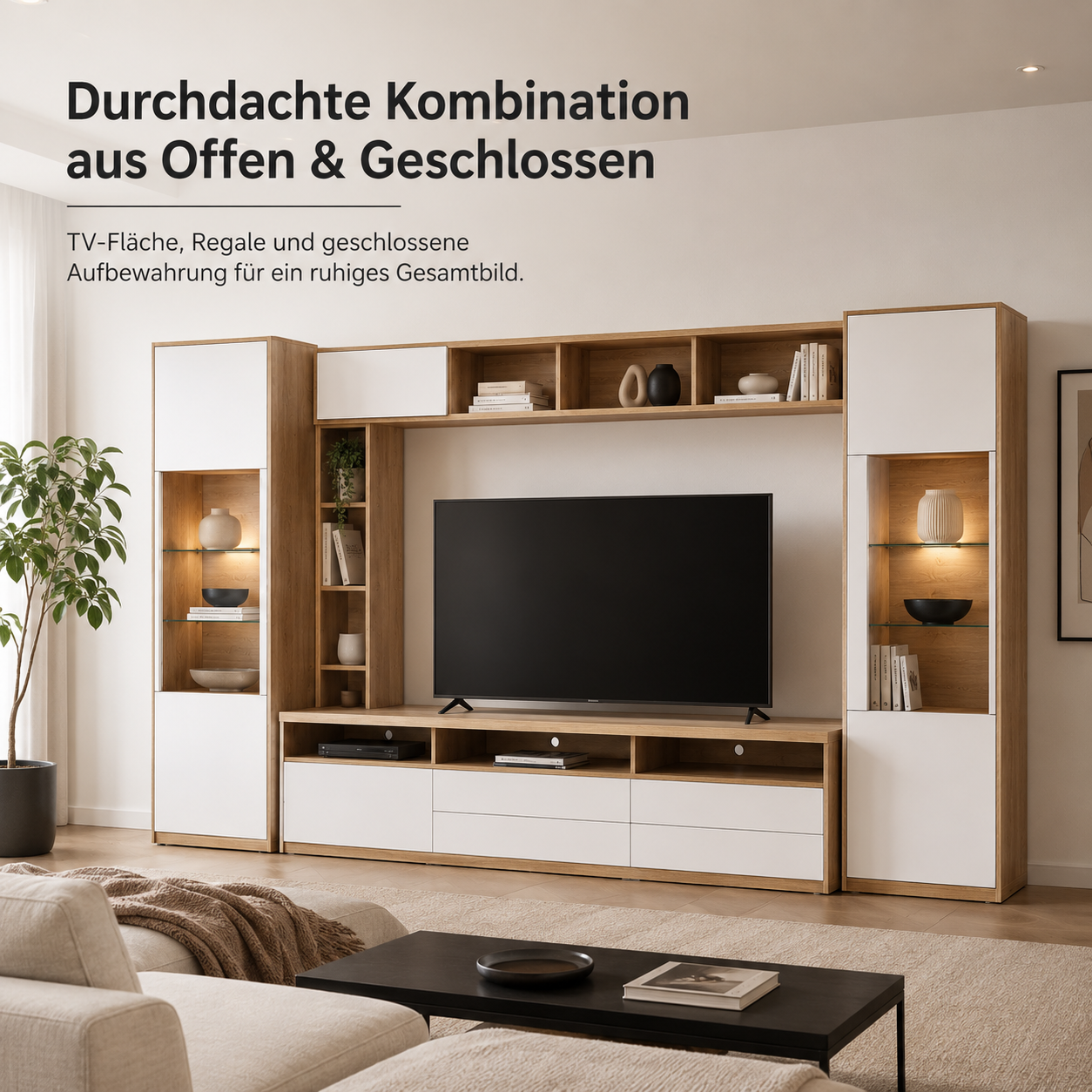 Wohnwand Eiche Optik Weiß 280 cm mit Stauraum-SelviaWood