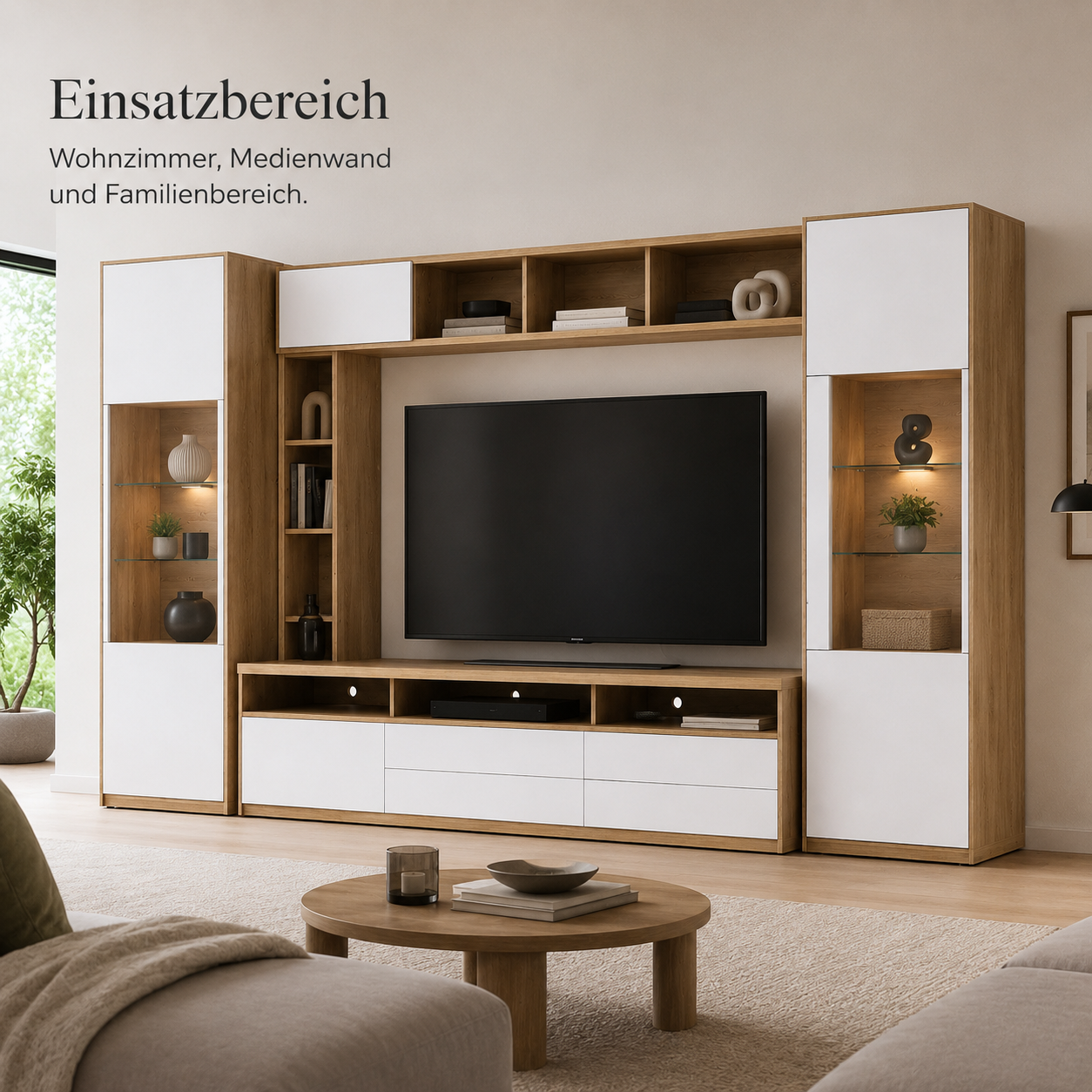 Wohnwand Eiche Optik Weiß 280 cm mit Stauraum-SelviaWood