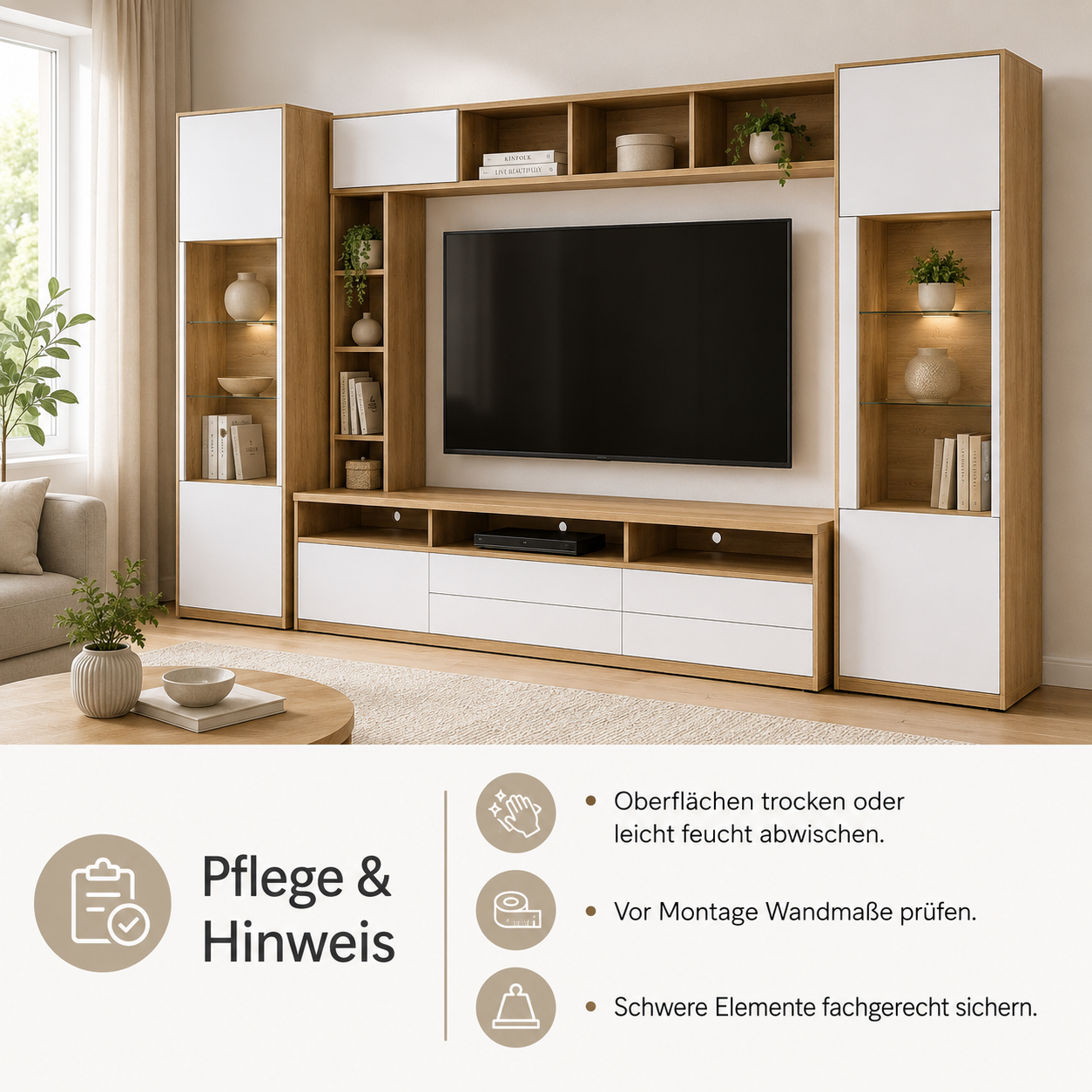 Wohnwand Eiche Optik Weiß 280 cm mit Stauraum-SelviaWood