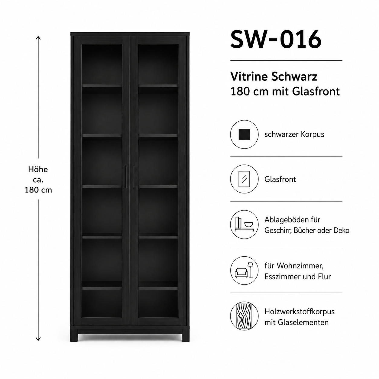 Vitrine Schwarz 180 cm mit Glasfront