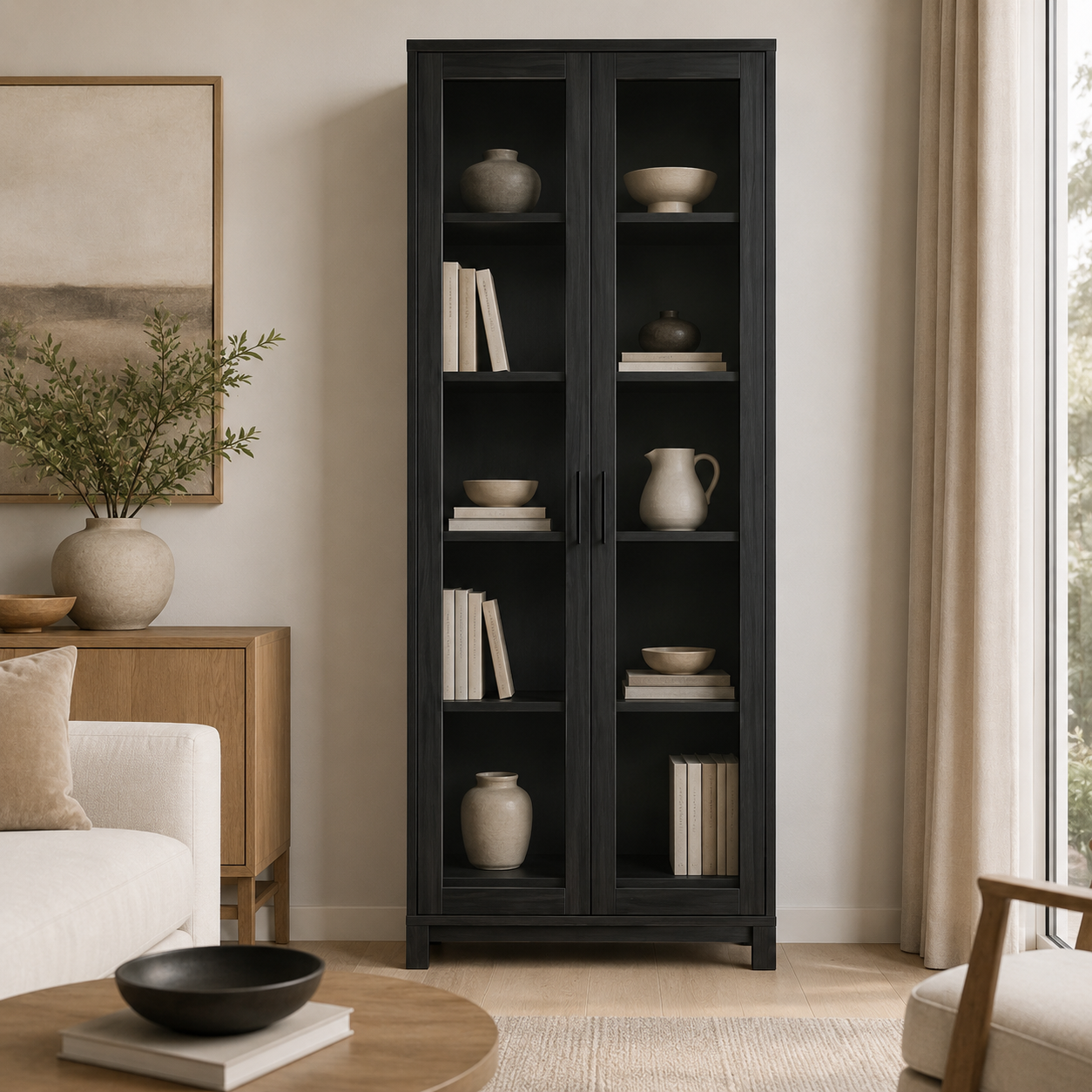 Vitrine Schwarz 180 cm mit Glasfront