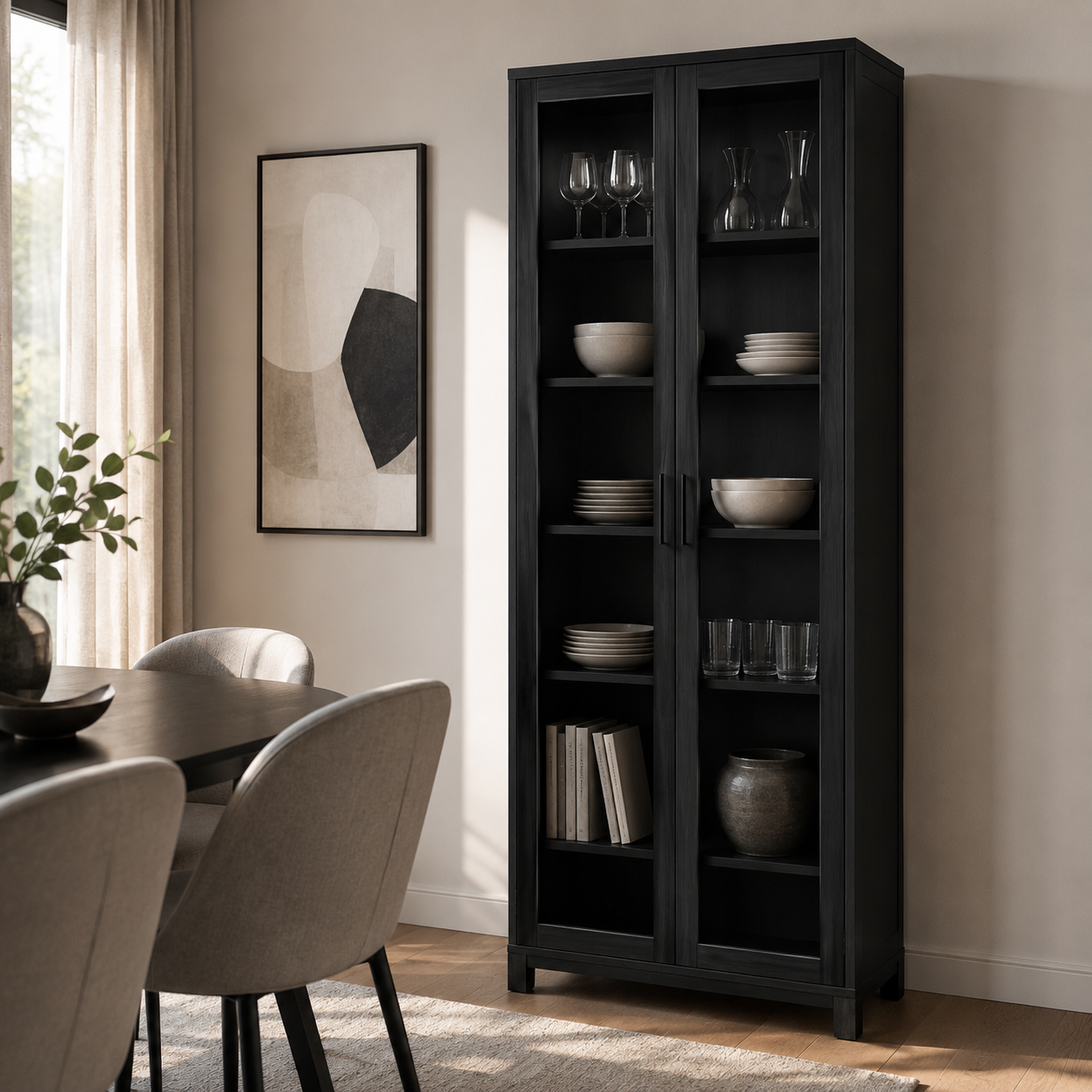 Vitrine Schwarz 180 cm mit Glasfront