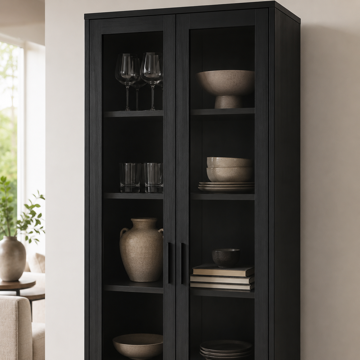 Vitrine Schwarz 180 cm mit Glasfront