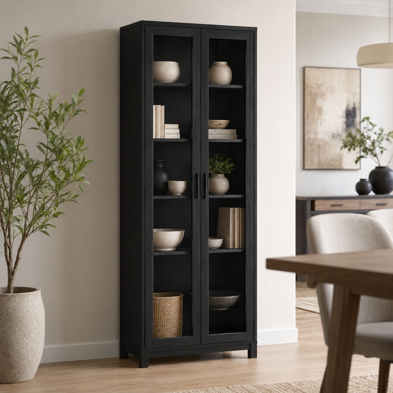 Vitrine Schwarz 180 cm mit Glasfront