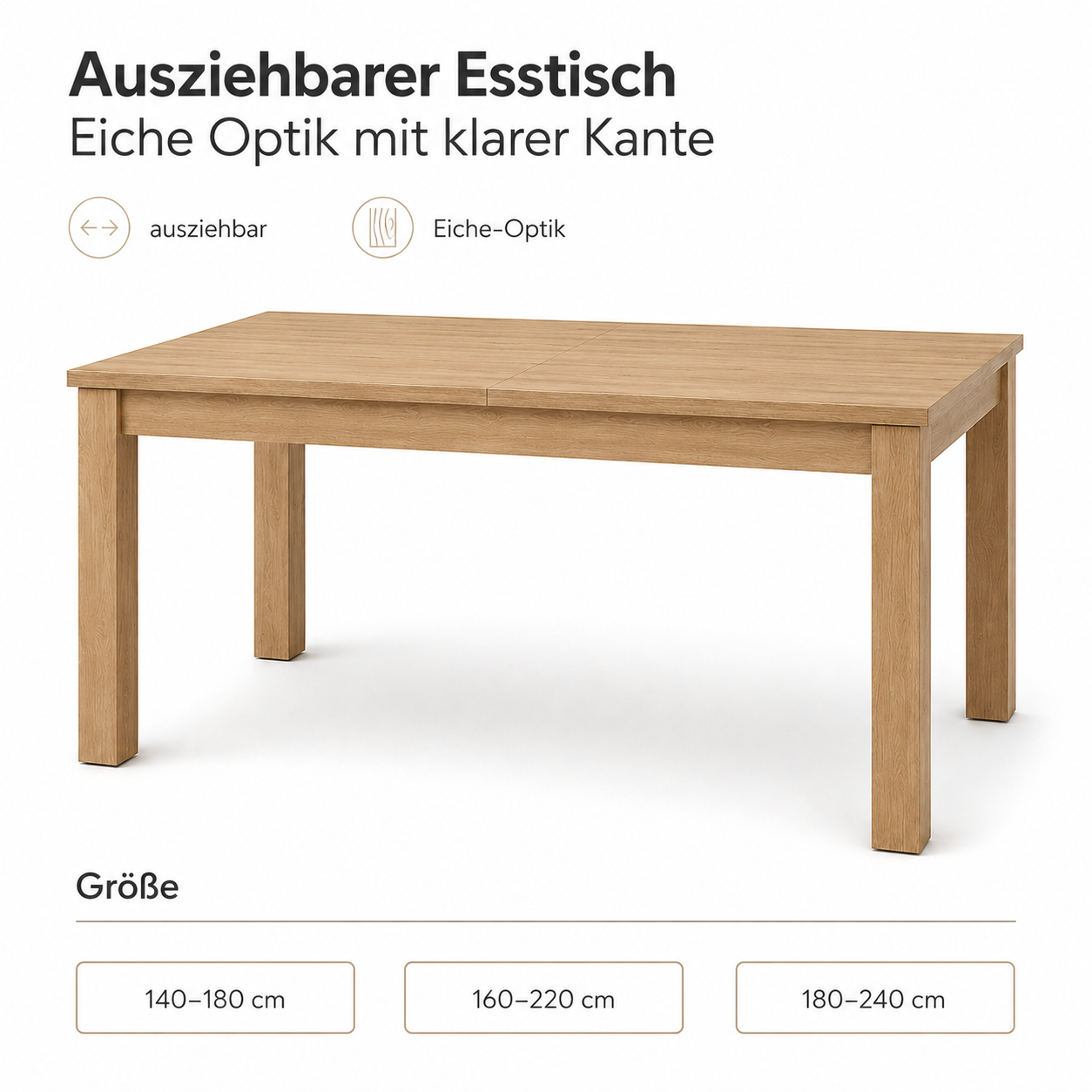 Ausziehbarer Esstisch Eiche Optik mit klarer Kante-SelviaWood