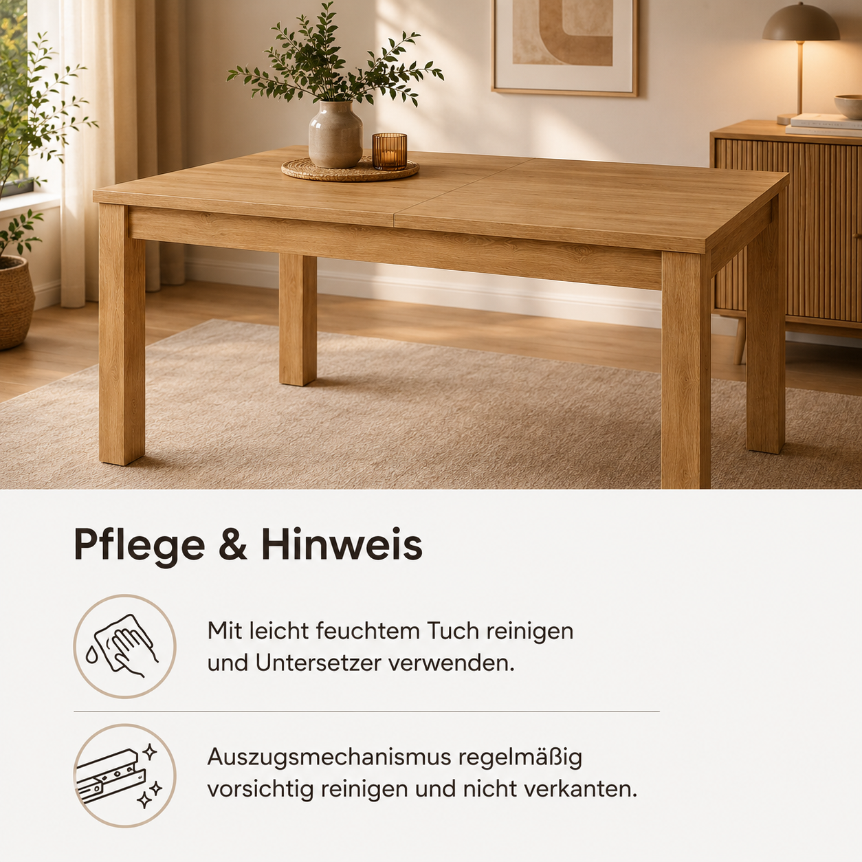 Ausziehbarer Esstisch Eiche Optik mit klarer Kante-SelviaWood