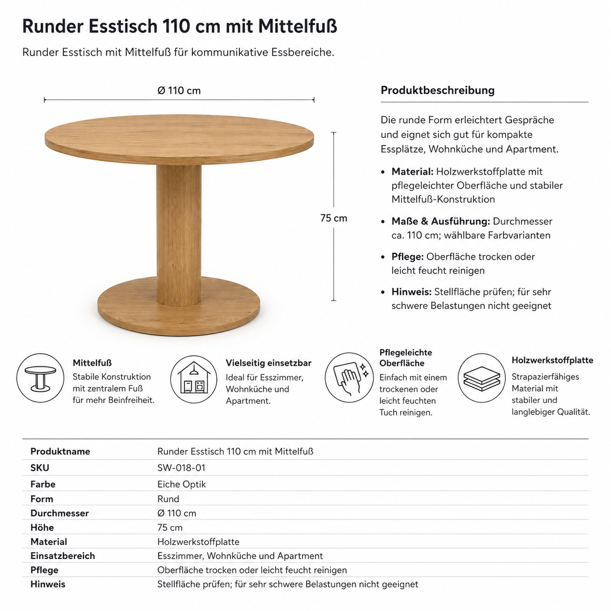 Runder Esstisch 110 cm mit Mittelfuß-SelviaWood