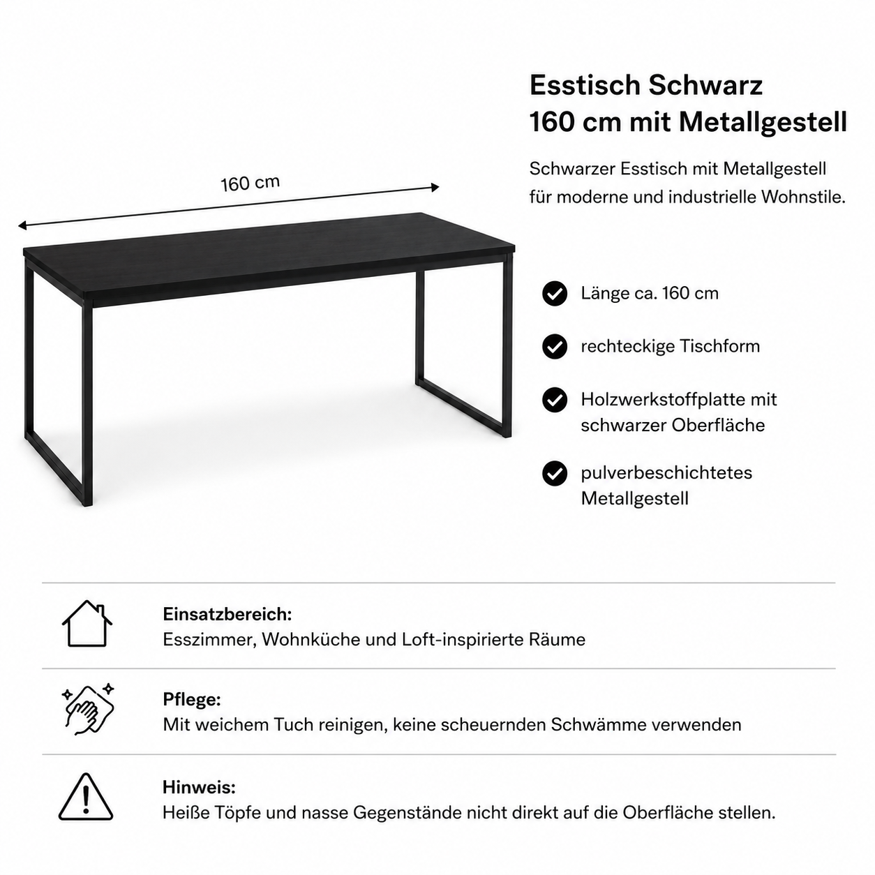 Esstisch Schwarz 160 cm mit Metallgestell-SelviaWood