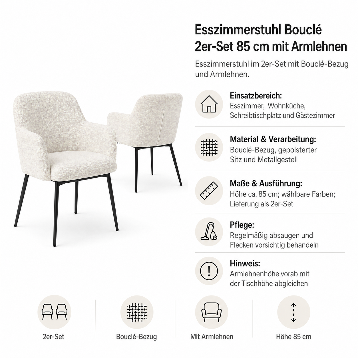 Esszimmerstuhl Bouclé 2er-Set 85 cm mit Armlehnen-SelviaWood
