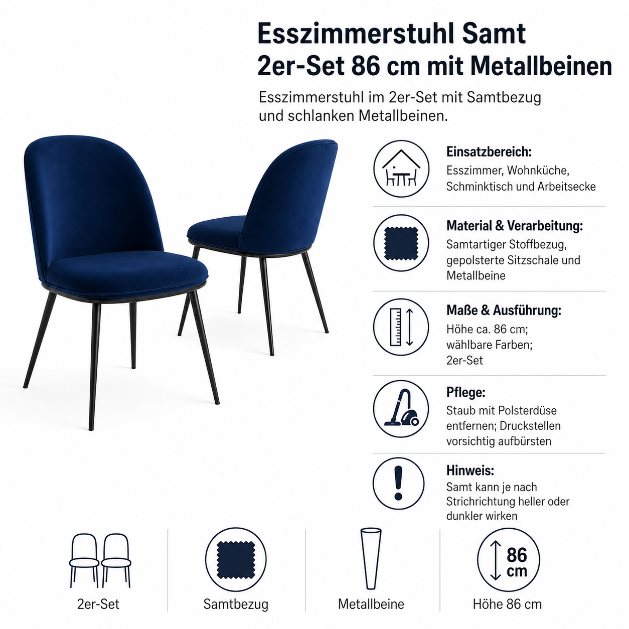 Esszimmerstuhl Samt 2er-Set 86 cm mit Metallbeinen-SelviaWood