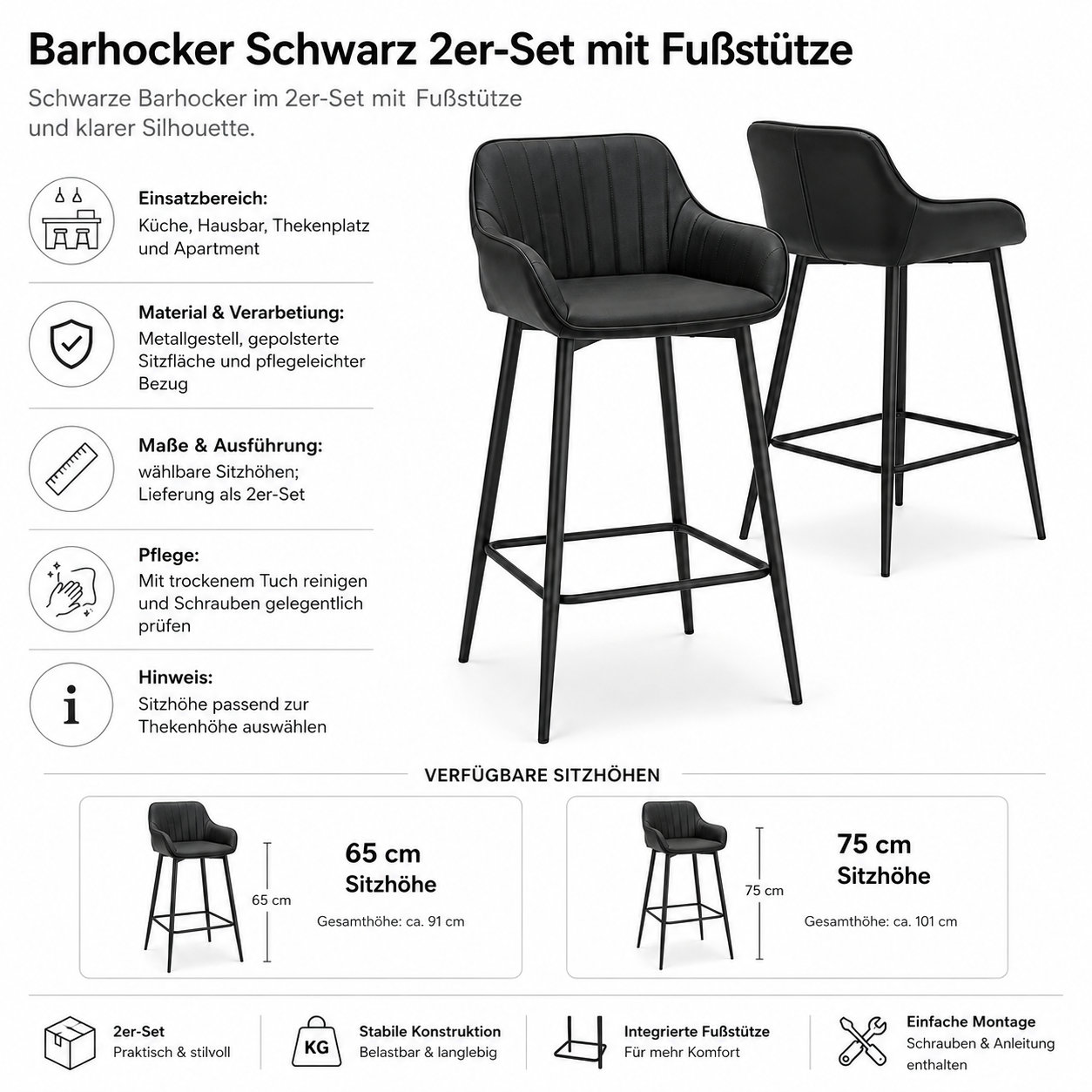 Barhocker Schwarz 2er-Set mit Fußstütze