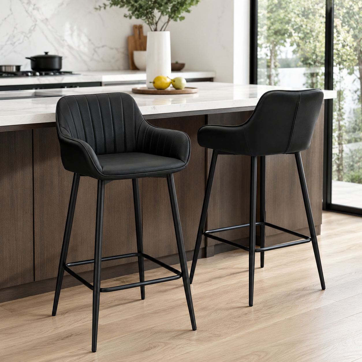 Barhocker Schwarz 2er-Set mit Fußstütze