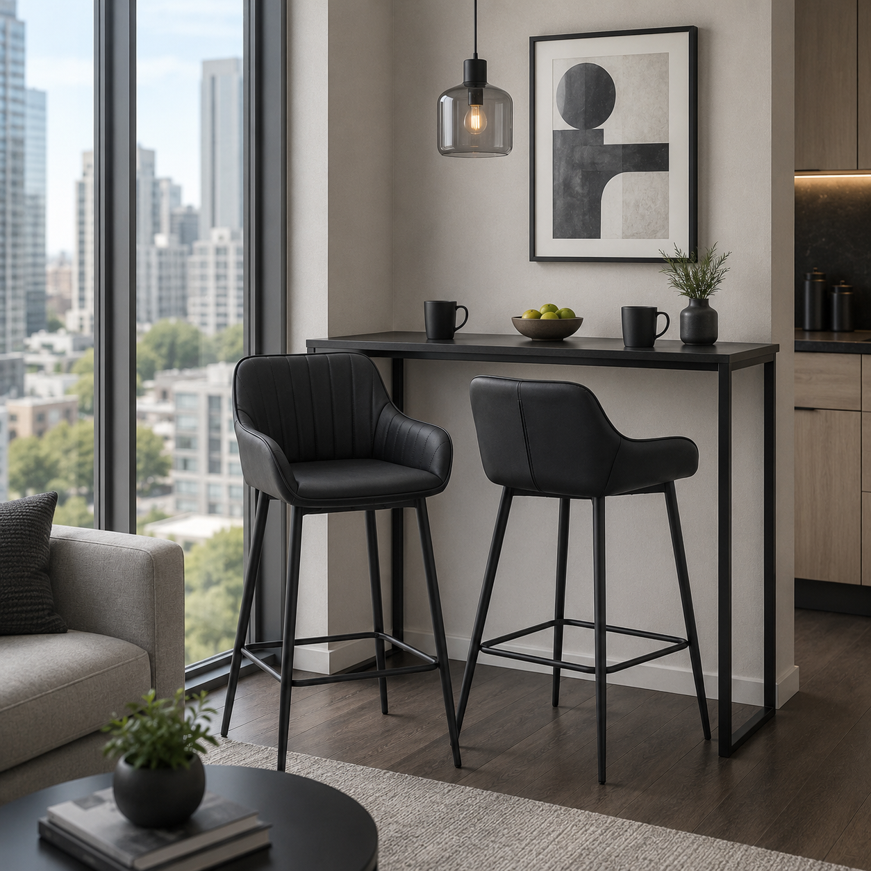 Barhocker Schwarz 2er-Set mit Fußstütze