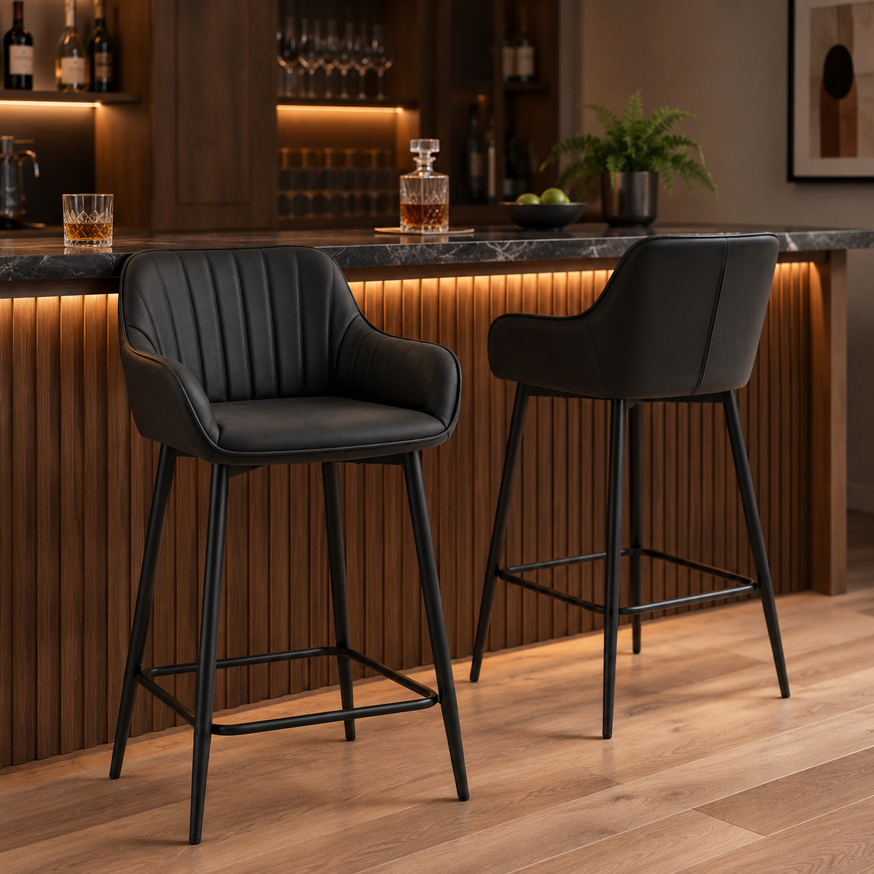 Barhocker Schwarz 2er-Set mit Fußstütze