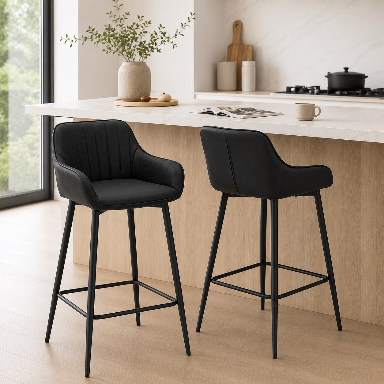 Barhocker Schwarz 2er-Set mit Fußstütze