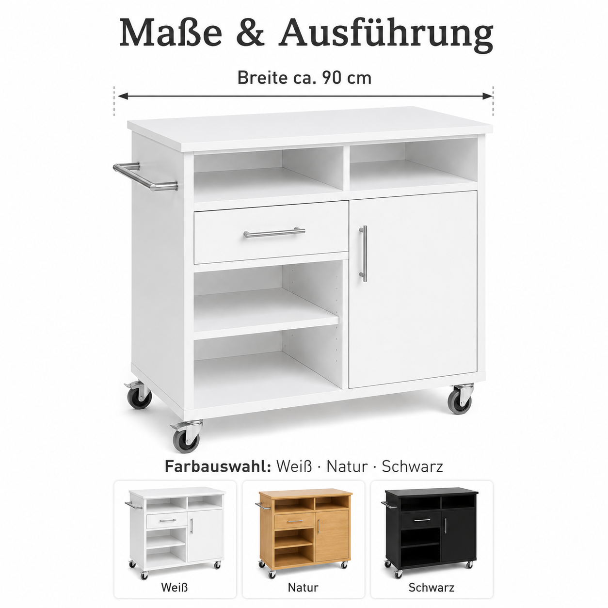 Küchenwagen 90 cm in Weiß mit Rollen-SelviaWood