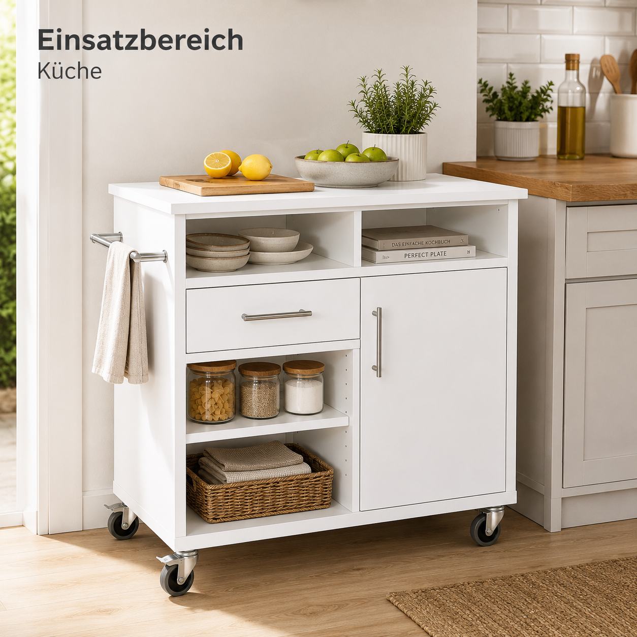 Küchenwagen 90 cm in Weiß mit Rollen-SelviaWood