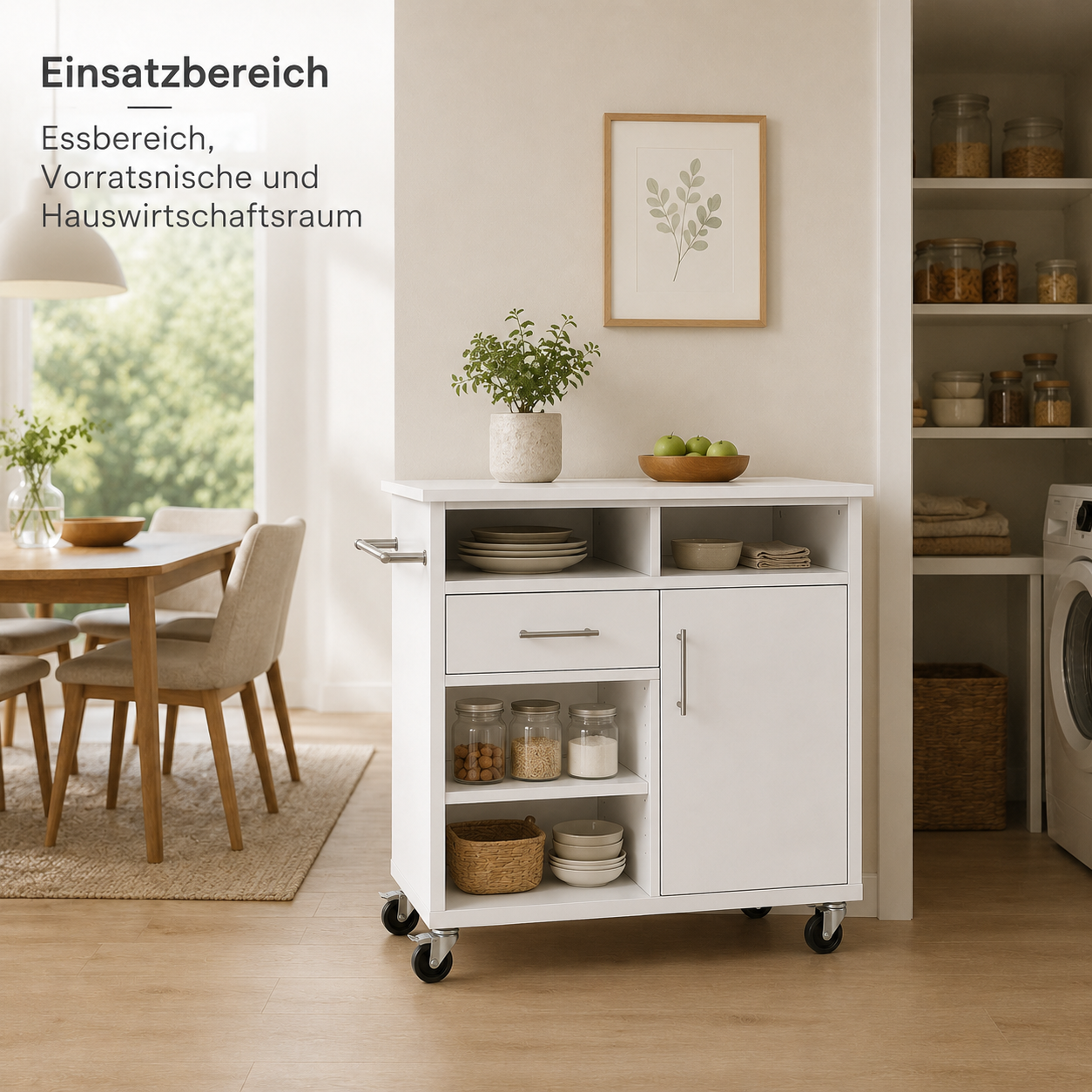 Küchenwagen 90 cm in Weiß mit Rollen-SelviaWood