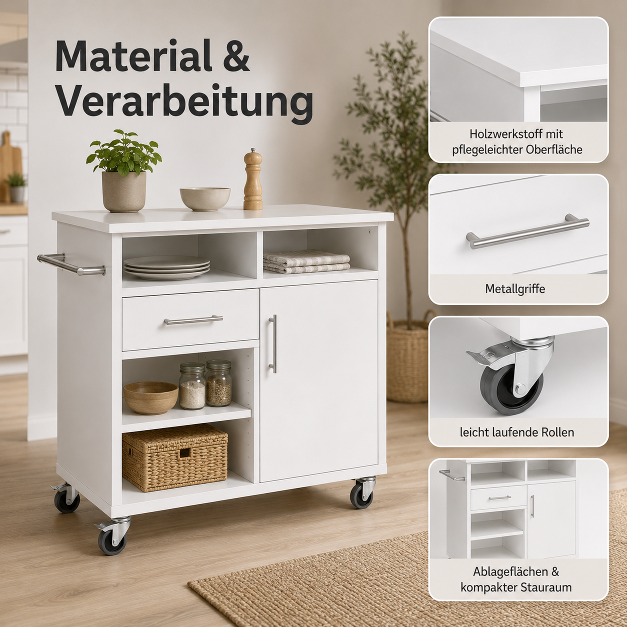 Küchenwagen 90 cm in Weiß mit Rollen-SelviaWood