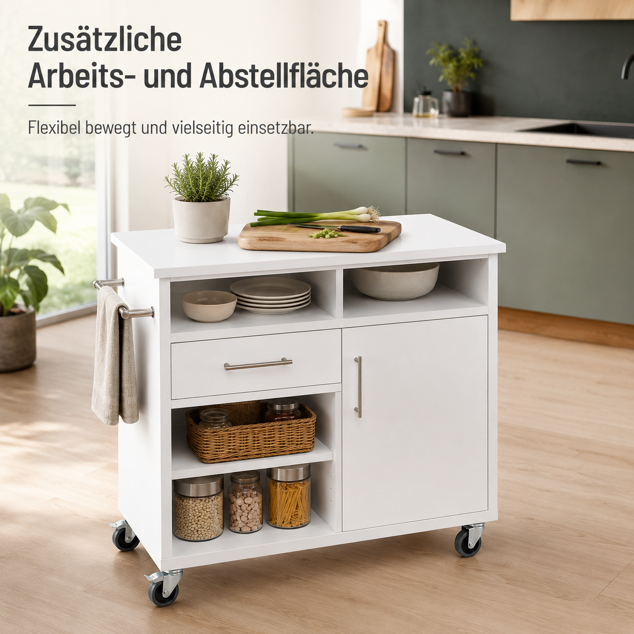 Küchenwagen 90 cm in Weiß mit Rollen-SelviaWood