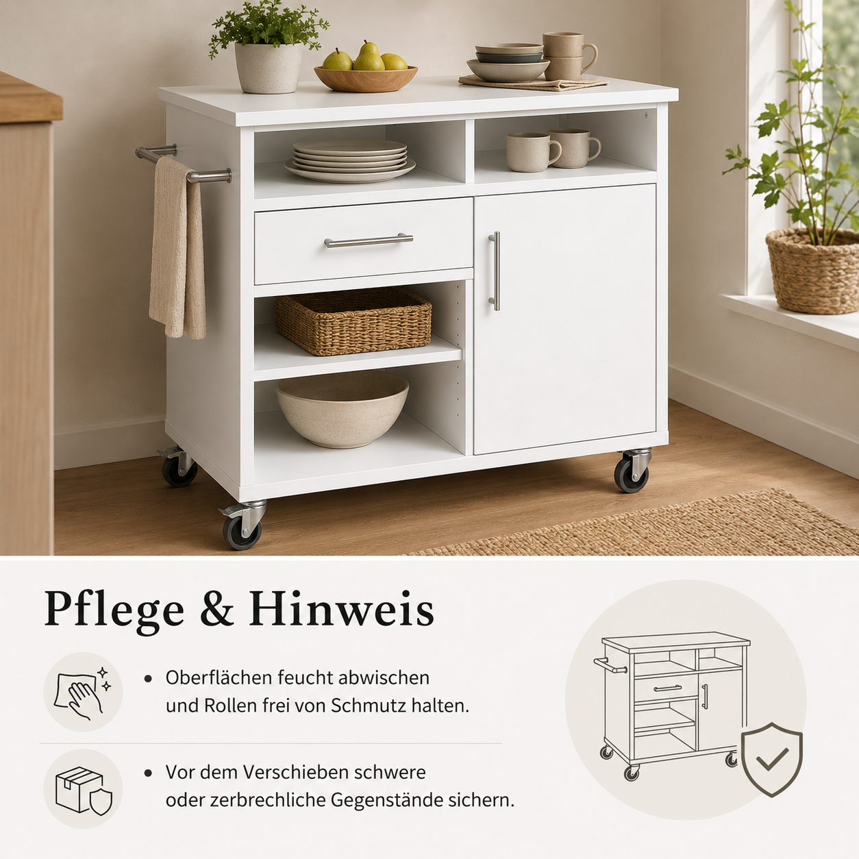 Küchenwagen 90 cm in Weiß mit Rollen-SelviaWood