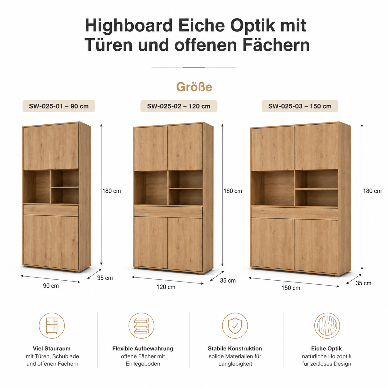 Highboard Eiche Optik mit Türen und offenen Fächern