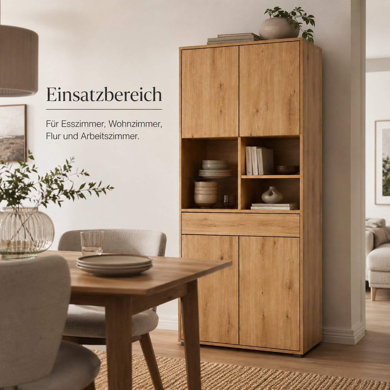 Highboard Eiche Optik mit Türen und offenen Fächern