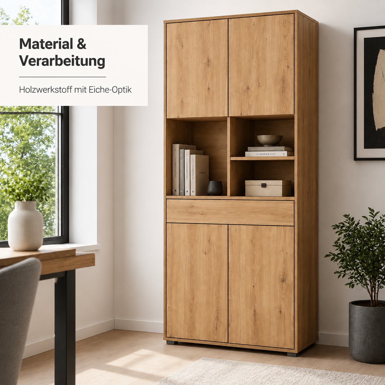 Highboard Eiche Optik mit Türen und offenen Fächern