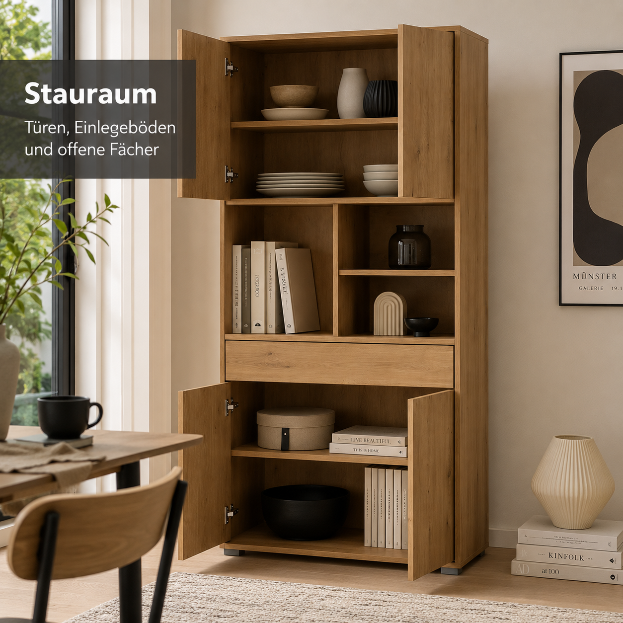 Highboard Eiche Optik mit Türen und offenen Fächern