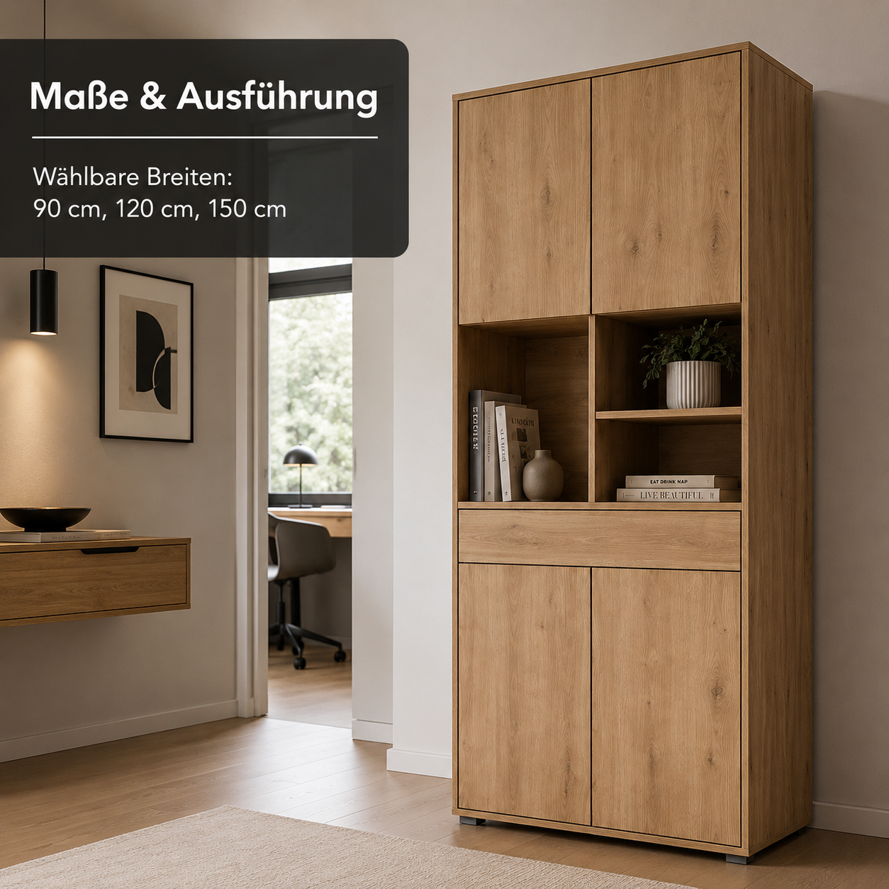 Highboard Eiche Optik mit Türen und offenen Fächern
