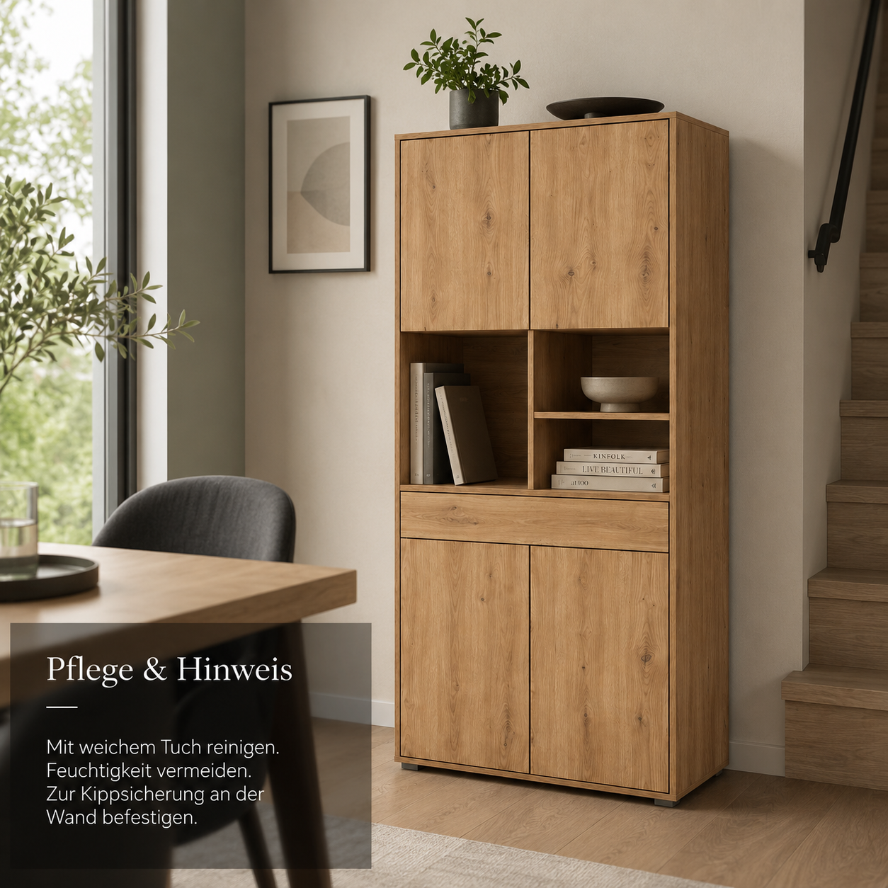 Highboard Eiche Optik mit Türen und offenen Fächern