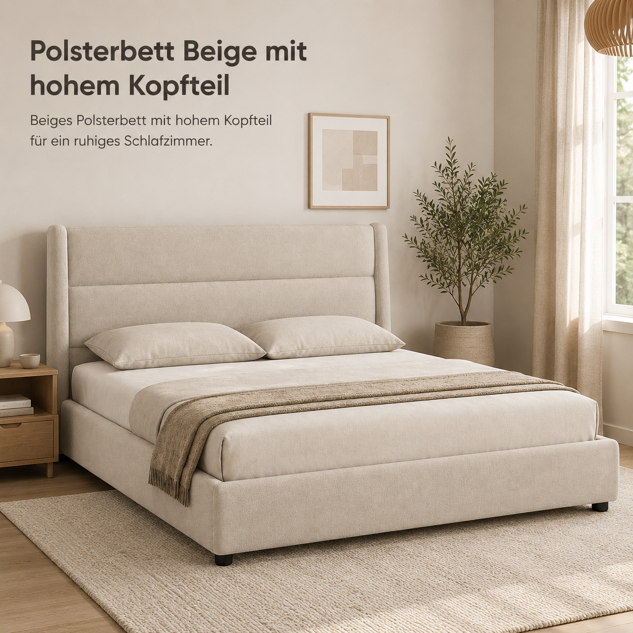 Polsterbett Beige mit hohem Kopfteil