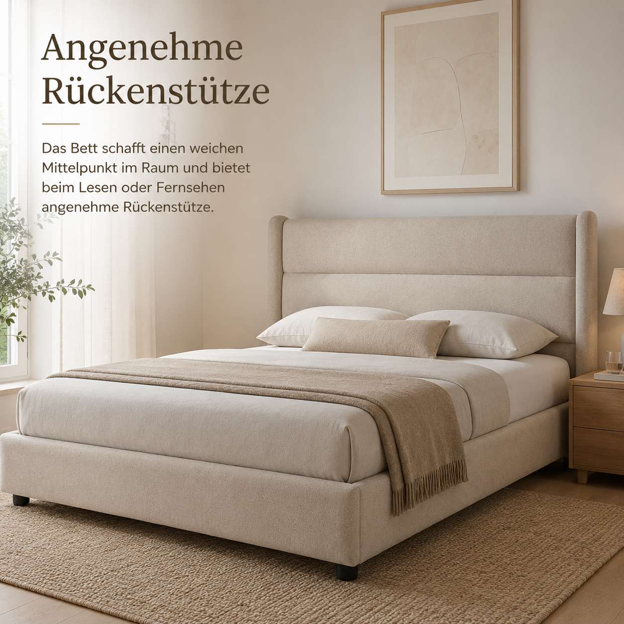Polsterbett Beige mit hohem Kopfteil