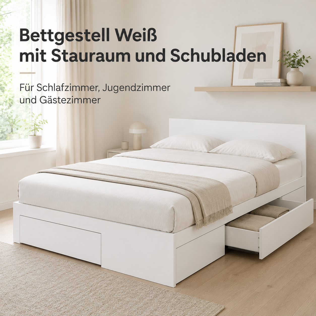 Bettgestell Weiß mit Stauraum und Schubladen-SelviaWood