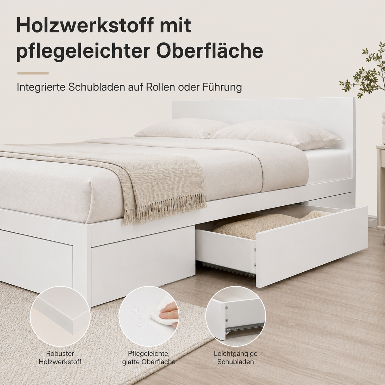 Bettgestell Weiß mit Stauraum und Schubladen-SelviaWood