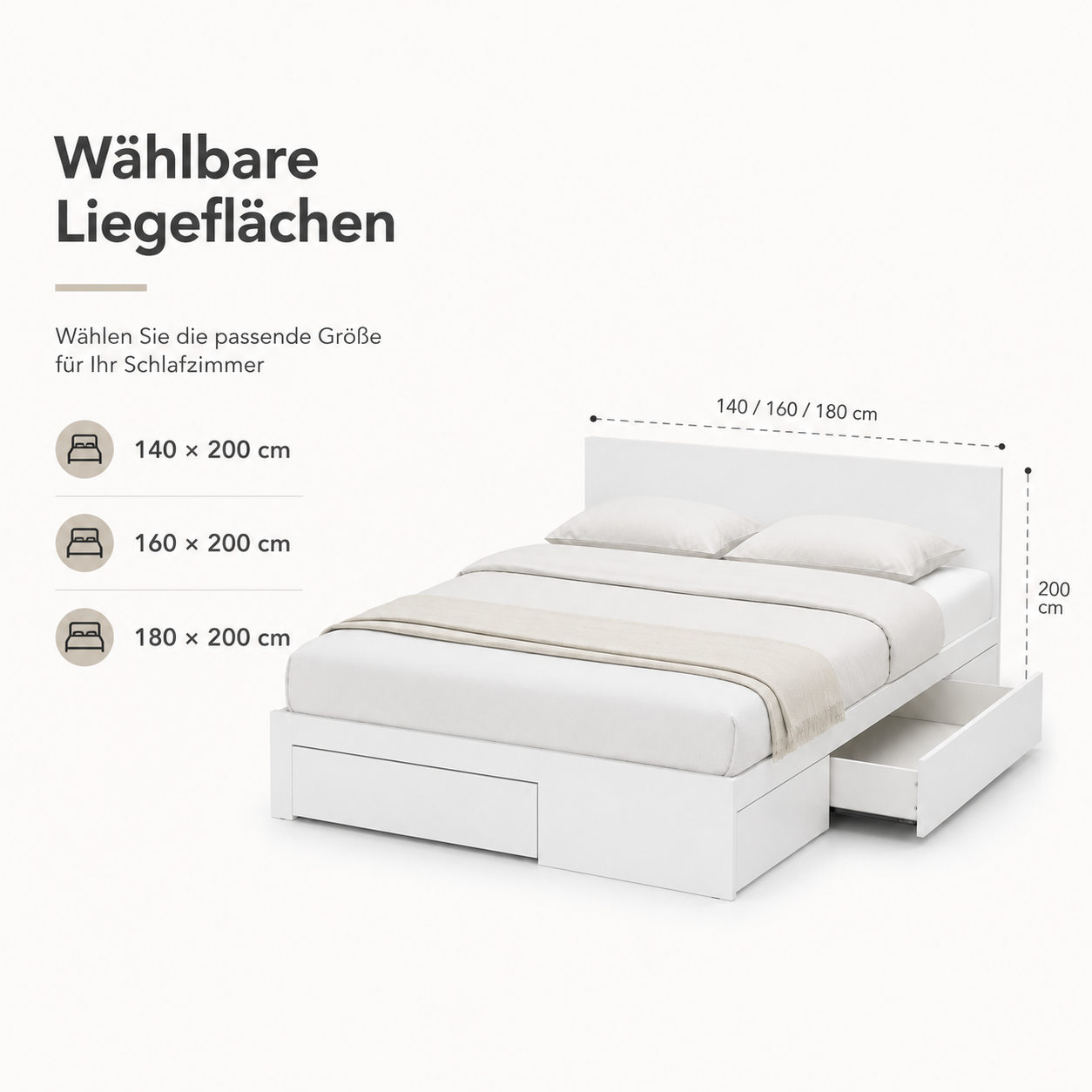 Bettgestell Weiß mit Stauraum und Schubladen-SelviaWood