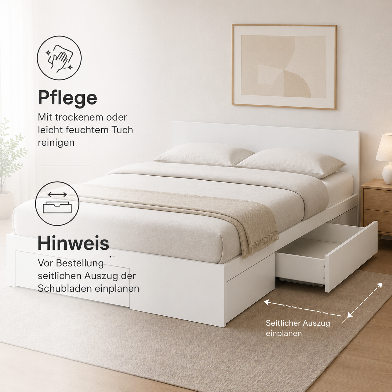 Bettgestell Weiß mit Stauraum und Schubladen-SelviaWood