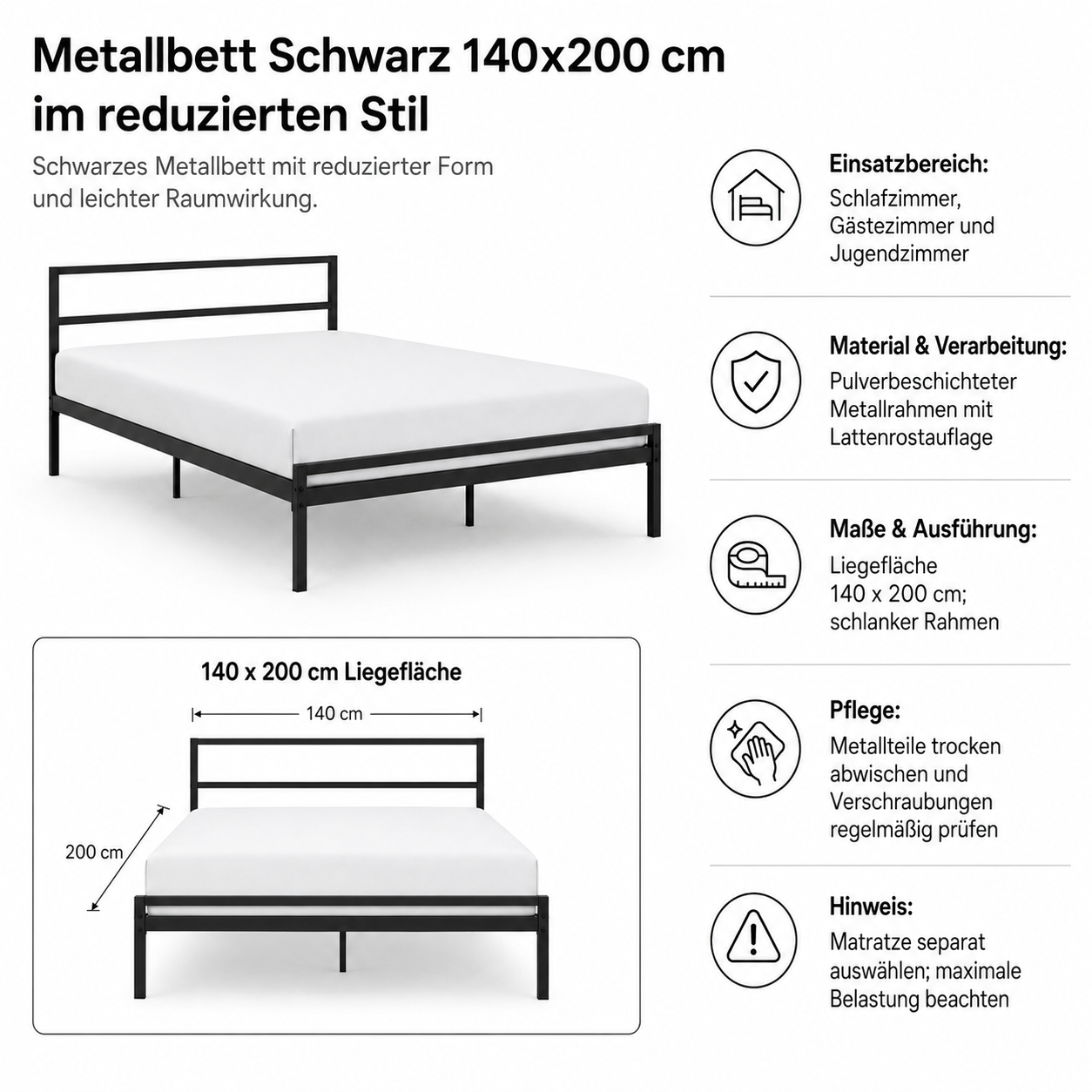 Metallbett Schwarz 140x200 cm im reduzierten Stil-SelviaWood