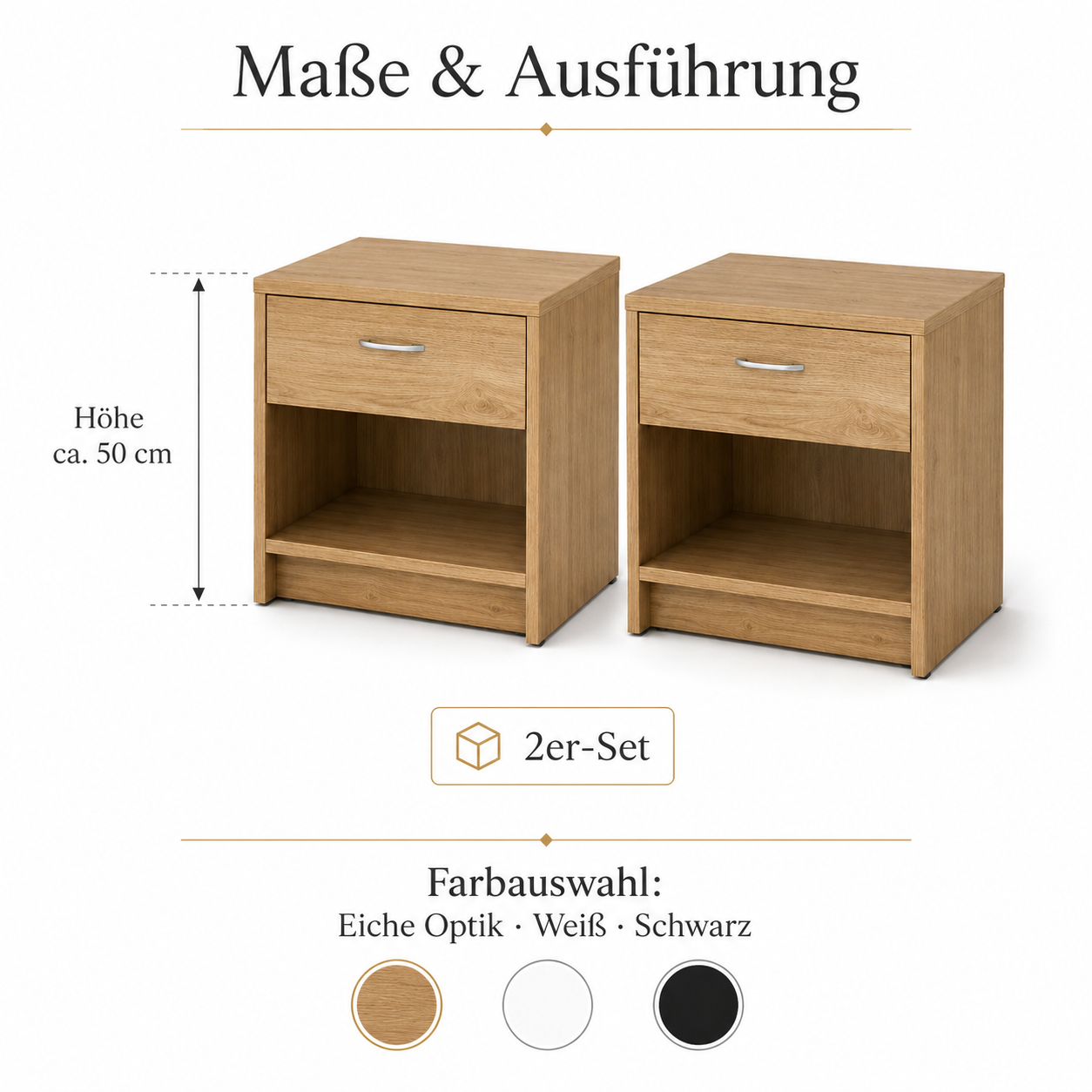 Nachttisch 2er-Set 50 cm mit Schublade