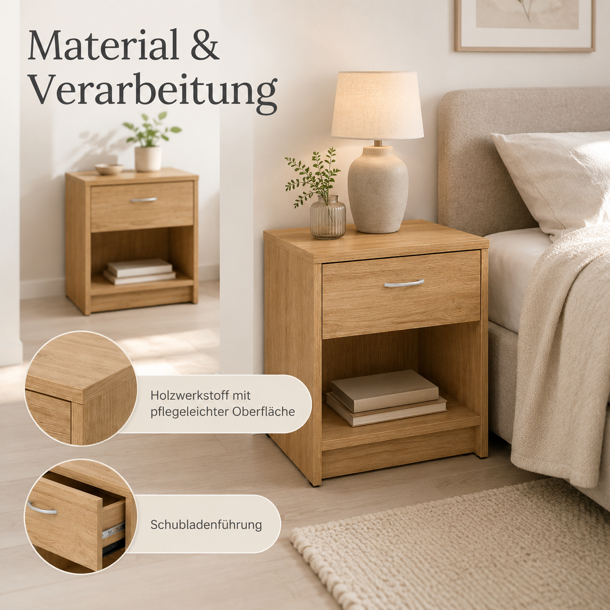 Nachttisch 2er-Set 50 cm mit Schublade